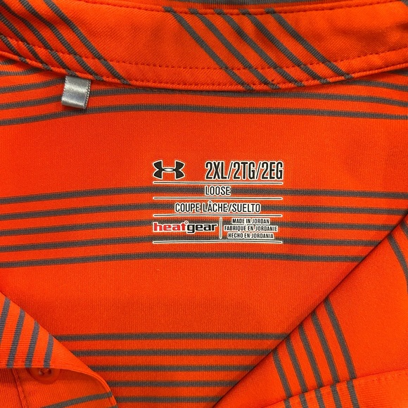 UNDER ARMOUR Heat Gear Loose SS Striped Polo Shirt-Orange/Gray-Poly/Elastane 2XL - Picture 1 of 5